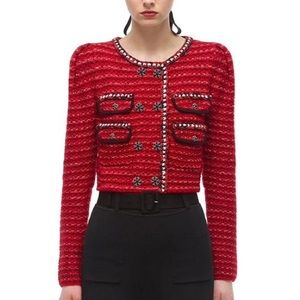 SELF-PORTRAIT Crystal-button cropped red wool-blend cardigan